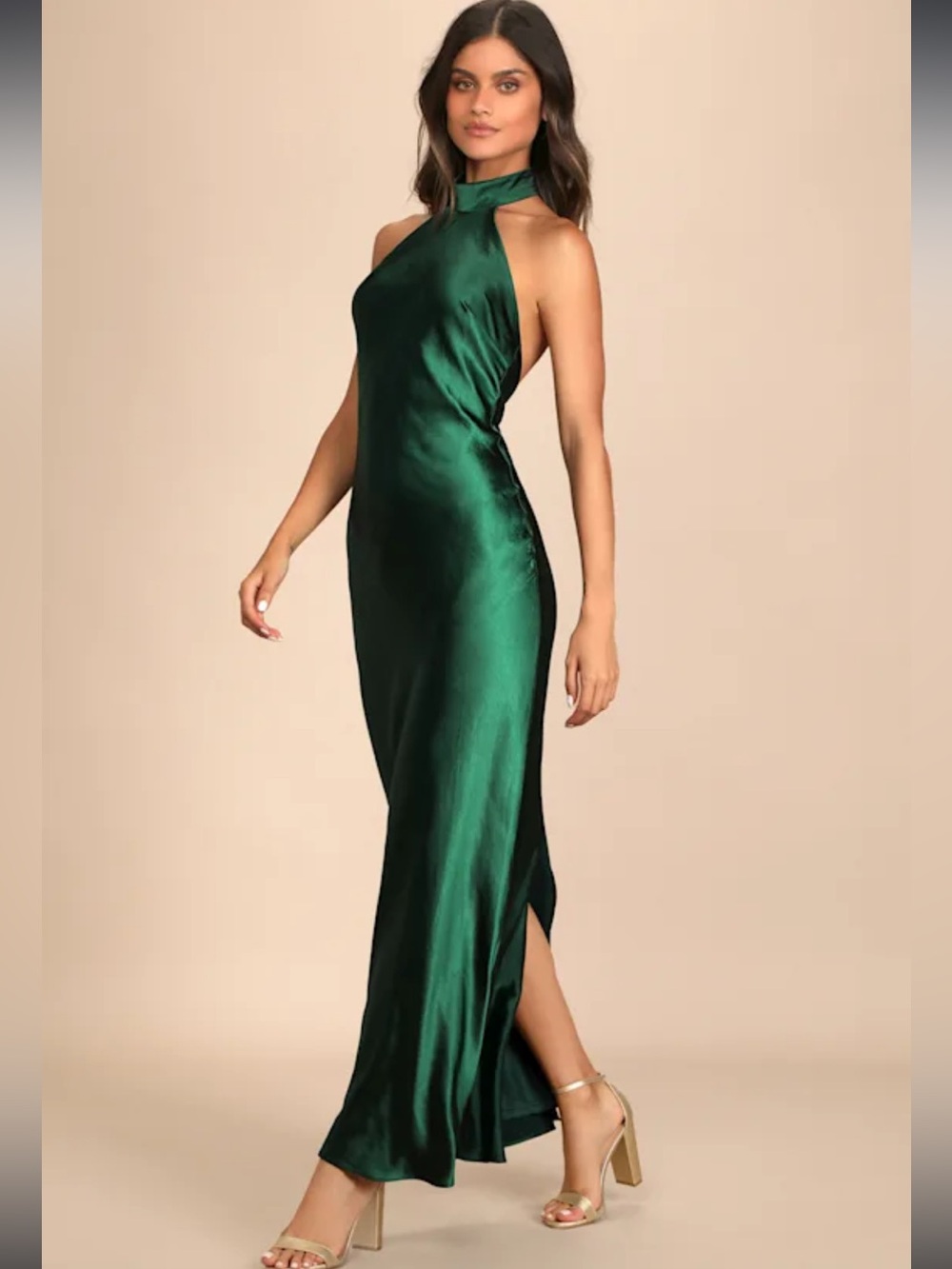 Lulu's Love in Your Life Emerald Green Satin Halter Maxi Dress Medium - Picture 2 of 8